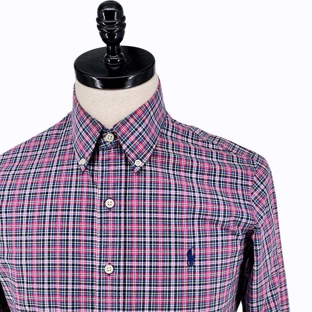 Ralph Lauren Mens Pink Blue Plaid Button Stretch Cotton Shirt Size M‎ Blue Pony